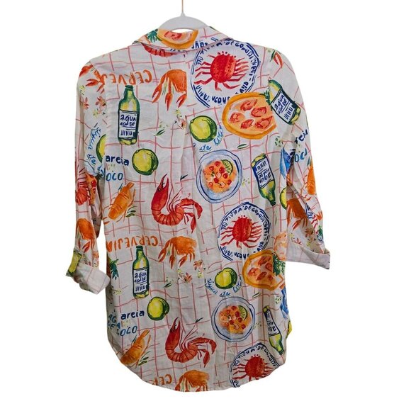 Calypso St. Barth NWT Cajun Novelty Print Button Down Linen Blend Blouse Size S - Picture 2 of 9